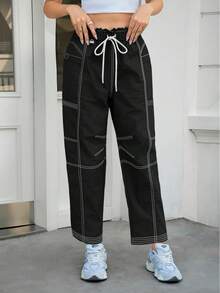 Women's Cargo Pants Wide Leg Elastic Waist Water Resistant Hiking Joggers With Pockets Contrast Stitch Fall Winter Christmas Gifts - 黑色 - 查看 3