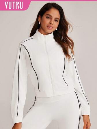 VUTRU Chaqueta deportiva casual y holgada de cuello alto, top de activewear de color contrastante para correr y hacer ejercicio