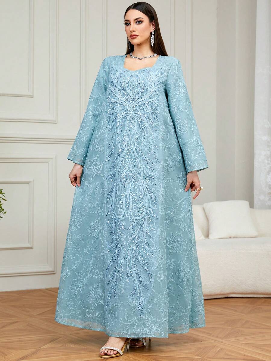 女士优雅刺绣领长袖长款卡夫坦连衣裙，缀满亮片，适合宴会和约会等场合。 - 藍色 - 查看 1