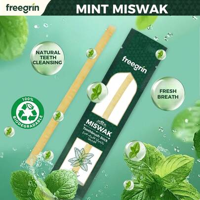 FREEGRIN naturliga Miswak tandborstestift, mintsmak, extremt fräscha, utvunna från autentiska arabiska växter, främjar tandköttshälsan, stärker tänderna, fräscherar upp andedräkten.