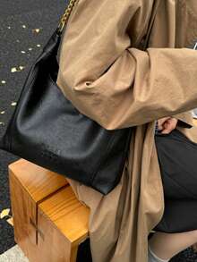 2025 1pc Women's Retro Tote Bag - Chic Textured, Large Capacity Convertible Shoulder Bag For Daily Use, Made Of PU Leather - Black - View 4