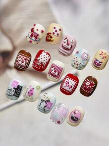 1pc Cute Cartoon Pony Bear Red Flower Firework Bow Lucky Bag Cake Press-On Nail Stickers 5D Nail Art Celebration Festive Whimsical Self Adhesive Nails For Women's Joyful DIY Manicure Decals - Multicolor - View 8