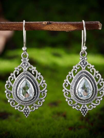 1对新款女士优雅立方氧化锆水滴镂空花朵吊坠耳环，迷人珠宝配饰礼品