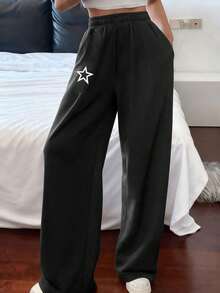 1pc Girls & Teens Casual VersatilAll-Matchic Lazy Star Print Pants, Autumn/Winter - Black - View 3