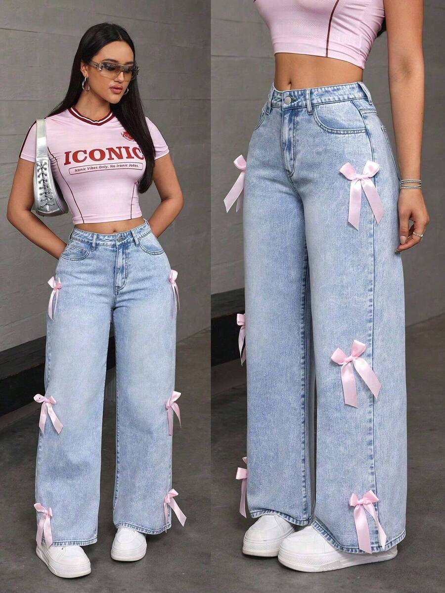 Women's Casual And Fashionable Loose Straight Leg Jeans, Paired With Bow Decorations, Charming And Beautiful, Suitable For All Seasons, Mid Waist Shooting, Suitable For Parties/Dances, Parties, Birthday Parties, Banquets, Nightclubs, Nightclubs, Music Festivals, Concerts ,Valentine's Day, - 淺藍色 - 查看 1
