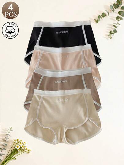 4条装女士运动风时尚撞色字母印花中腰柔软舒适休闲平角内裤