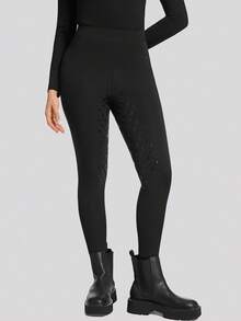 女士全座硅胶防滑马术裤，高腰紧身打底裤 - 黑色 - 查看 2