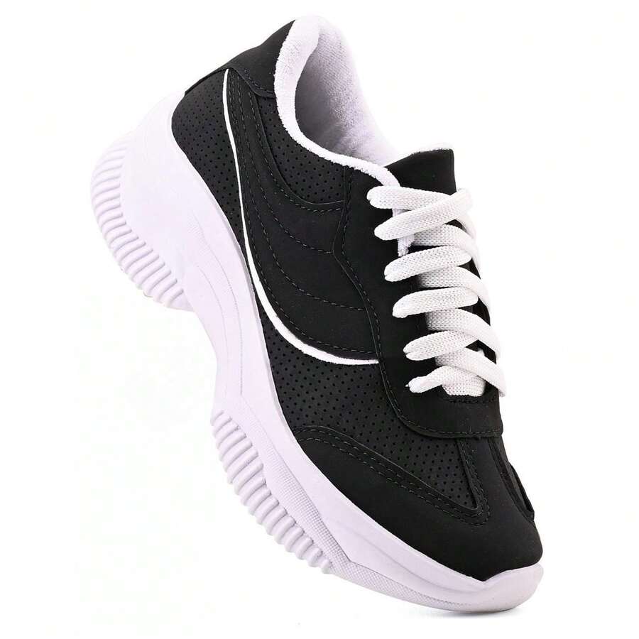 Women's Casual Sneakers, Blogger Style, Platform Shoes, White, Black, Beige, Comfortable, Chunky, Lightweight, New Release, Top Quality, Original Fashion, White Sneakers - 黑色 白色 - 查看 1