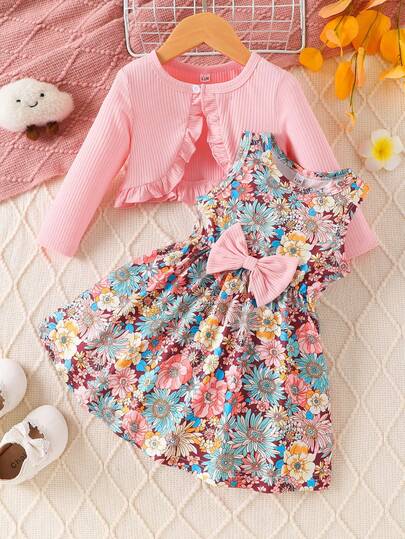 Baby GirlElegant Floral Bow Sleeveless Dress & Long Sleeve Cardigan Set, Spring/Autumn