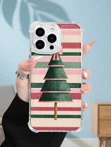 1PC Funda transparente con diseño de árbol de Navidad sobre fondo de rayas en tonos rojo, verde y beige, estilo minimalista retro y festivo, protección contra caídas, ideal para mujeres y amantes del arte navideño clásico y elegante, regalo perfecto para fiestas, amigos, pareja o familia : funda transparente resistente a golpes, compatible con Apple Phone17/16/15/14/13/12/11/XS/XR/X/PLUS/PRO/PROMAX, agarre cómodo, regalo ideal para ocasiones especiales - transparente - Ver 4