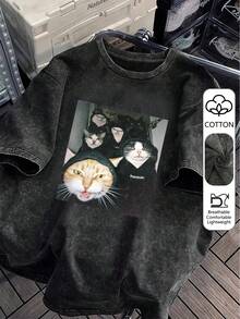大码女式水洗棉酷猫印花短袖T恤，高品质水洗棉复古时尚T恤，女式T恤，日常热销单品，节日礼物，完美礼物，水洗棉街头风上衣，纯棉T恤 - 黑色 - 查看 5