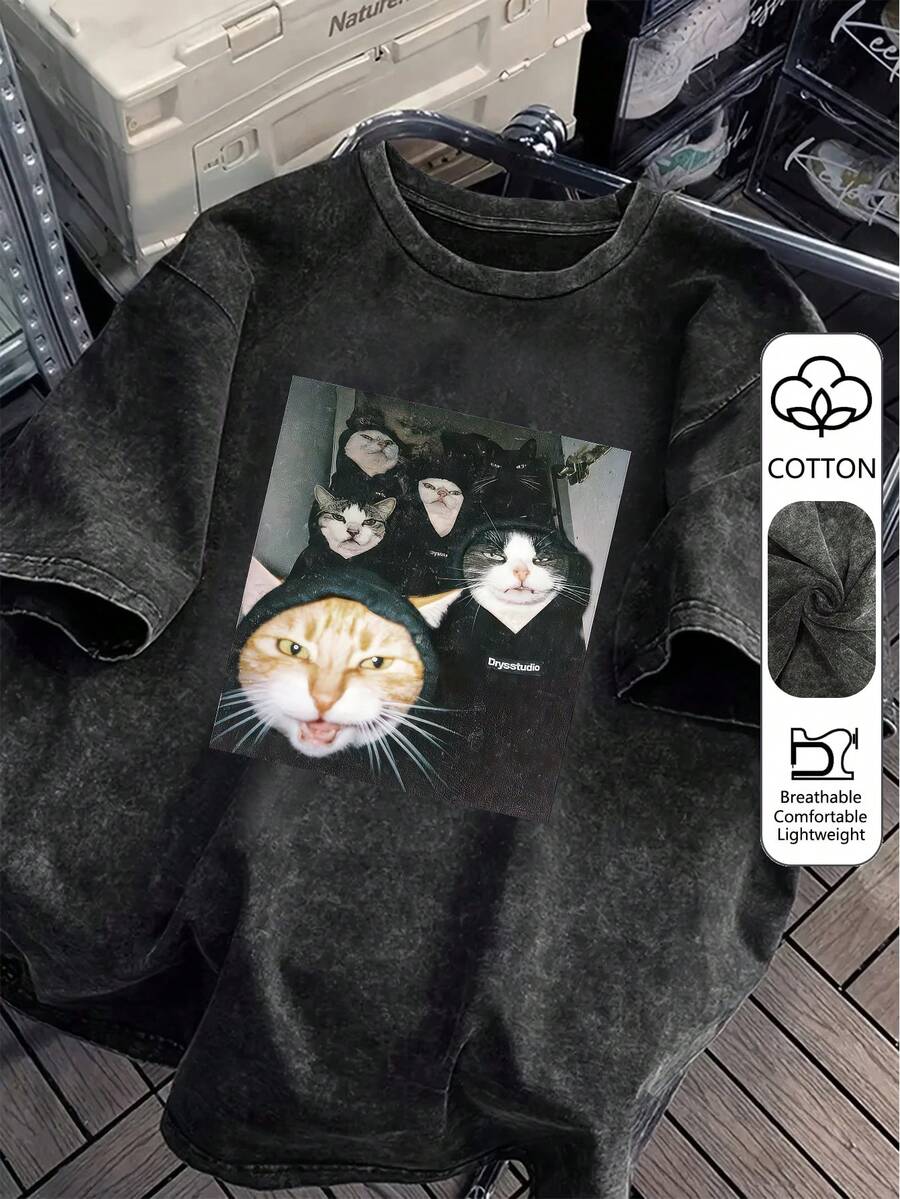 Áo thun ngắn tay in hình mèo dễ thương dành cho nữ cỡ lớn, chất liệu cotton đã qua xử lý, chất lượng cao, kiểu dáng retro, áo thun nữ, sản phẩm bán chạy hàng ngày, quà tặng ngày lễ, món quà hoàn hảo, áo thun cotton phong cách đường phố, áo thun cotton. - màu đen - Xem 1