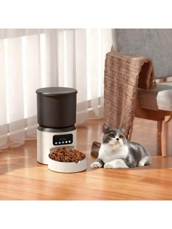 1个4L单触式宠物喂食器，手动按钮操作，适用于猫狗，配有可拆卸不锈钢碗，易于清洁，卫生耐用，无需电池，现代喂食站