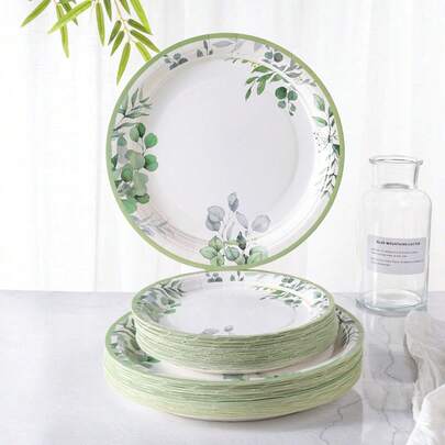 7-Inch & 9-Inch Disposable Party Paper Plates, Green Eucalyptus Leaf Print Party Supplies, Dessert Paper Plates, Disposable Paper Plates Suitable For Birthday, Celebration, Party Decorations
