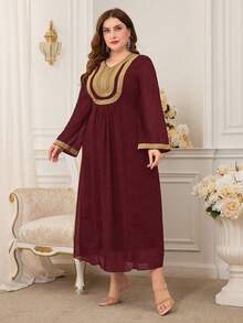 Plus Size Arabian Maroon Long Sleeve V-Neck Dress With Golden Embroidered Appliques Elegant Woven Fabric Long Dress For Women - Burgundy - View 5