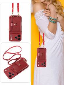 1 件装 PU 皮革钱包式手机壳，带卡槽、镜子和斜挎肩带，兼容 17 Pro Max/17 Pro/17/Air/16 Pro Max/16/15/14/13、Redmi - 酒紅色 - 查看 3