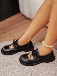 Damen Mode vielseitige flache Schnallen Rund Zeh Farbblock Schleife Slip-On Loafer, geeignet für alle Jahreszeiten - Schwarz - Übersicht 4