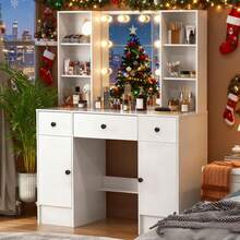 Vanity Set With Led Lights Makeup Desk Dressing Dresser Desk Table With 3 Drawer - Perfect For Organizing Makeup, Skincare, Elegant Vanity|Decorative Vanity, Vanity Furniture, Compact For Small Space, Bedroom Decor Gift, Perfect Gift For Women Girls , Ideal Para Regalos De Navidad Y Halloween. - White - View 2