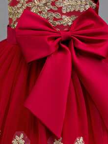 Elegant Sleeveless Embroidered Trailing Luxurious Princess Dress, Tulle Puffy Performance Flower Girl Evening Gown - 紅色 - 查看 6