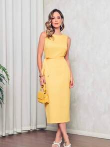 W120 Elegant Women's Tailored Midi Dress With Bow And Back Slit. - Màu vàng - Xem 1