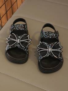 1双新款女童凉鞋，可爱优雅蝴蝶结仙女风，厚底防滑耐穿柔软舒适，休闲假日日常穿着厚底凉鞋 - 黑色 - 查看 11