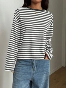 Women's Round Neck Drop Shoulder Long Sleeve Striped Contrast Ribbed Casual T-Shirt - White Grey - View 10