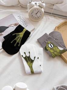 3 Pairs Men's Frog & Plant Pattern Elastic Breathable Cute Funny Mid-Calf Socks, Suitable For Vacation - Multicolor - View 8