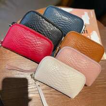 Sac à main/portefeuille long en cuir véritable pour femme, nouveau modèle, élégant bracelet-pochette, étui pour téléphone portable en cuir de vachette à motif crocodile - Jaune Marron - Voir 2