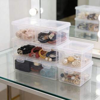 3 st. genomskinliga smyckesdisplayer och förpackningar i plast, dammtät och fukttät förvaringslåda för prydnader på skrivbordet, lämplig för förvaring av håraccessoarer som hårband, hårspännen, hårspännen och smycken som halsband, armband och pärlaccessoarer, perfekt för kvinnor och flickor, gör-det-själv-smyckesorganisatör och förvaring i hemmet
