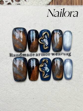 10 piezas de uñas acrílicas postizas hechas a mano de tamaño mediano, con diseños minimalistas en azul y degradado marrón, efecto gato brillante, estilo cielo, líneas 3D irregulares con patrón de humo y perla, uñas elegantes y sencillas para otoño. Uñas postizas versátiles para uso diario, fiestas y trabajo, adecuadas para mujeres y niñas como regalo de suministros de uñas reutilizables.