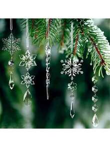 10pcs Acrylic Crystal Christmas Ornaments Set - Shiny Snowflake & Icicle Decorations For Tree, Chandelier & More - Perfect For Holiday Parties & Winter Wonderland