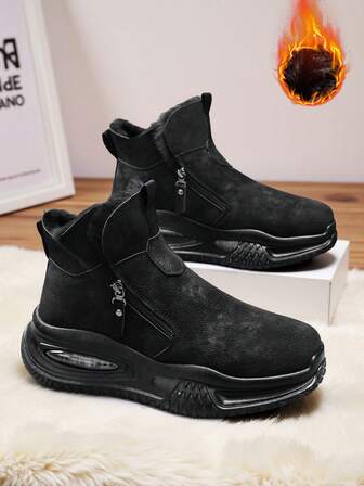 Men's Snow Boots, Winter Plush Lining, Sports Cushion Sole, High-Top, Outdoor Anti-Slip, Warm Ski Training Shoes, Versatile Leather Snow Boots, Comfortable Fur Lining, Outdoor Sports Running Thick Bottom Shock-Absorbing Snow Boots