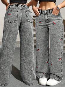 Calça elegante com bordado de cereja, bolso delicado e botões, em cor sólida. Tamanho ligeiramente menor, ideal para uso casual diário na primavera, verão, outono e inverno, inclusive para ir ao trabalho. - Cinza - Ver 3