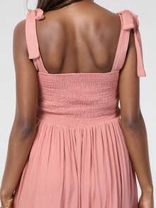 Casual Bohemian Style Sleeveless Maternity Midi Dress With Pleated Straps And A-Line Flare Hem, Suitable For Summer Pregnancy - Pink - View 4