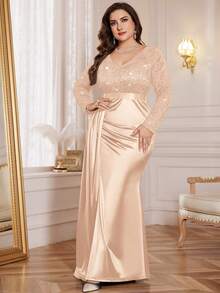 Plus V Neck Sequin Lace Contrast Draped Front Ruched Split Hem Satin Formal Party Long Dress, Wedding Guest Dress, For Graduation, Homecoming, Festivals - Rượu sâm banh - Xem 3