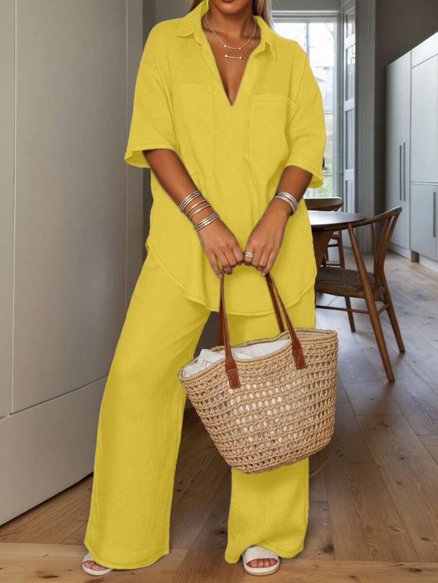 2 piezas Talla grande Blusa casual de unicolor holgada con cuello polo (con bolsillos) + Pantalones de pierna ancha, adecuado para primavera, verano y otoño - Amarillo - Ver 1