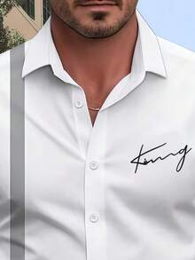 Men's Letter Print Contrast Color Long Sleeve Single-Breasted Casual Commuter Shirt - Black and White - View 3