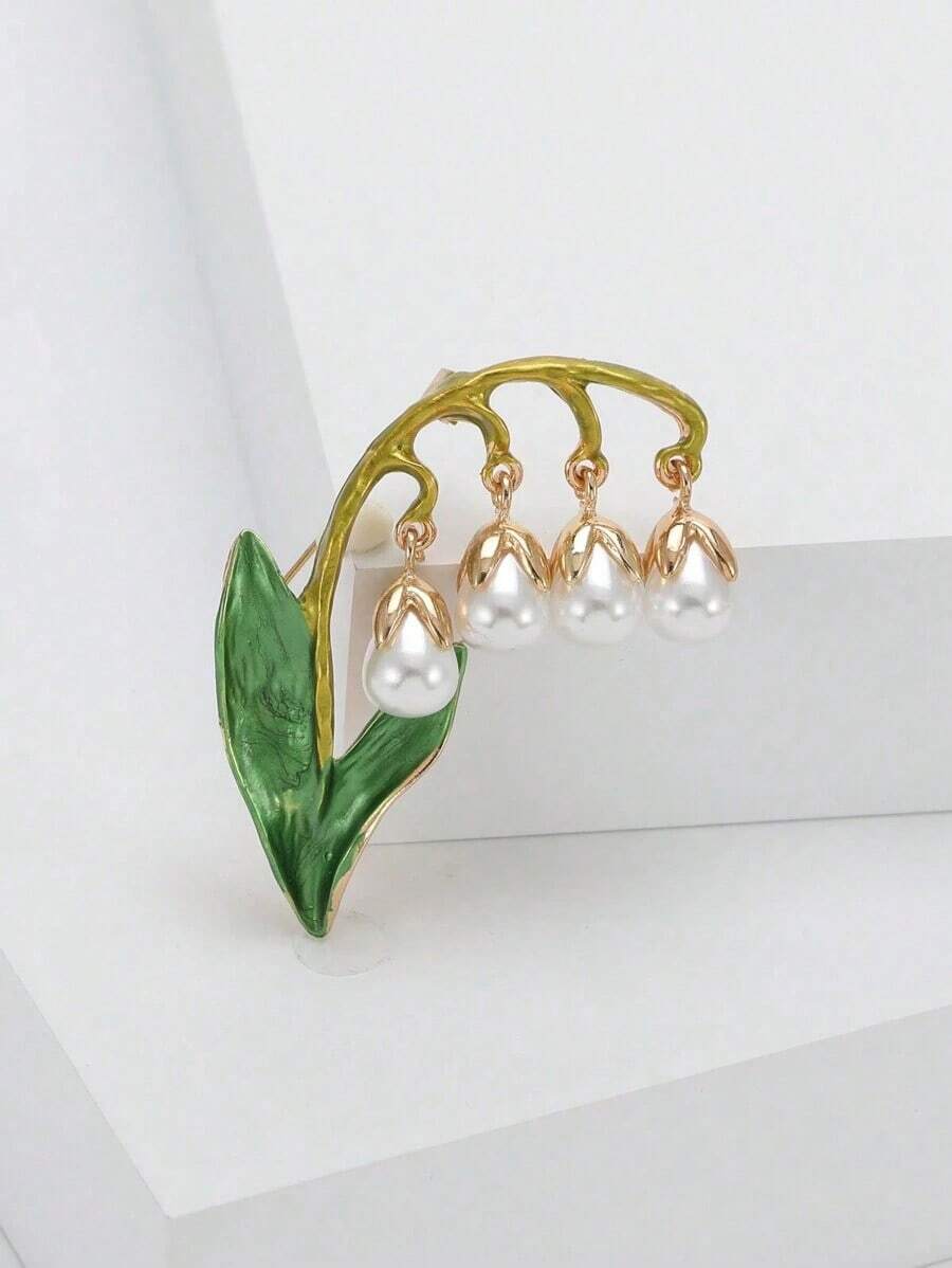 Fashionable Faux Pearl Lily Of The Valley Brooch For Women Men Flower Brooch Dress Suit Pin Accessories Gift - 花朵胸針 - 查看 1