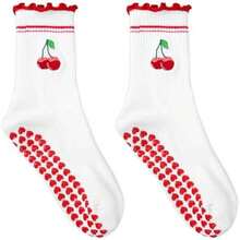 Pilates Grip Socks For Women, Breathable Cotton Cherry Embroidery Non Slip Yoga Socks With Cute Ruffle Design For Barre Ballet Workout Dance - As Pic - View 1