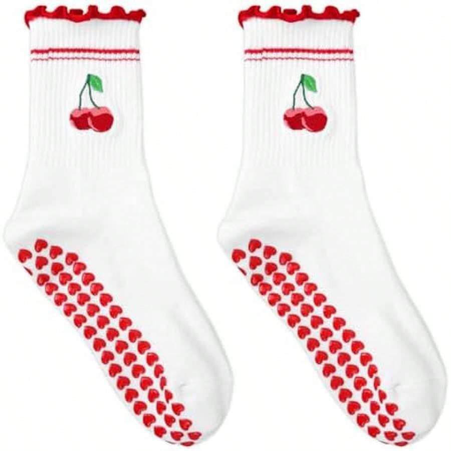 Pilates Grip Socks For Women, Breathable Cotton Cherry Embroidery Non Slip Yoga Socks With Cute Ruffle Design For Barre Ballet Workout Dance - As Pic - View 1
