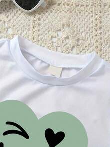 Girls Heart Print Short Sleeve Top And Bow Tie Long Pants - Green - View 5