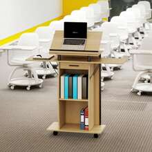 Wheeled Lectern, Lectern With Folding Side Wings, Laptop Table With Drawer And Shelves, Oak Look - Natural Color - View 3