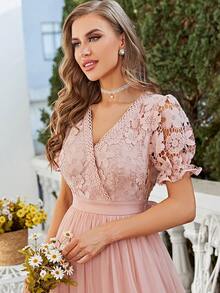 Simplee 女士新款春夏蕾丝撞色网纱浪漫优雅连衣裙，婚纱，派对礼服，Fairycore - 粉色 - 查看 2