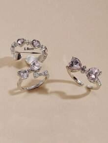 3pcs/Set Girls' Y2K Style Butterfly, Heart & Rhinestone Decor Ring Set - Perfect For Dates, Parties, Valentine's Day Gifts Or Daily Wear - Multicolor - View 3