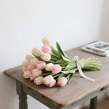 12-częściowy bukiet sztucznych białych tulipanów, odpowiedni do dekoracji weselnych wewnątrz i na zewnątrz, bukietów ślubnych, dekoracji do domu, sypialni, przyjęć urodzinowych, aranżacji kwiatowych w biurze, salonu, kuchni i jadalni, dekoracji pokojów w kolorze różowym. - Wielokolorowe - Zobacz 12