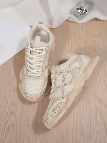 Women's Mesh Rhinestone Solid Color Lace-Up Jelly Sole Casual Sports Shoes - Beige - View 2