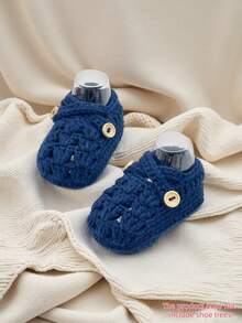 1 Pair Handmade Crochet Infant Shoes, Light Purple Color With Button Decor, Infant Size - Navy Blue - View 8