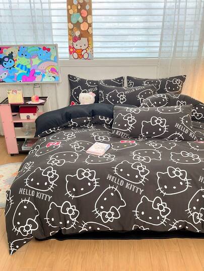 SANRIO 3 pièces Ensemble de literie imprimé mignon - Noir et Blanc (1 pièce housse de couette + 2 taies d'oreiller, sans rembourrage), taille dessin animé, doux et confortable, convient pour dortoir, chambre à coucher, hôtel, toutes saisons, avec fermeture éclair et taies d'oreiller, plusieurs couleurs disponibles, ensemble de literie surdimensionné