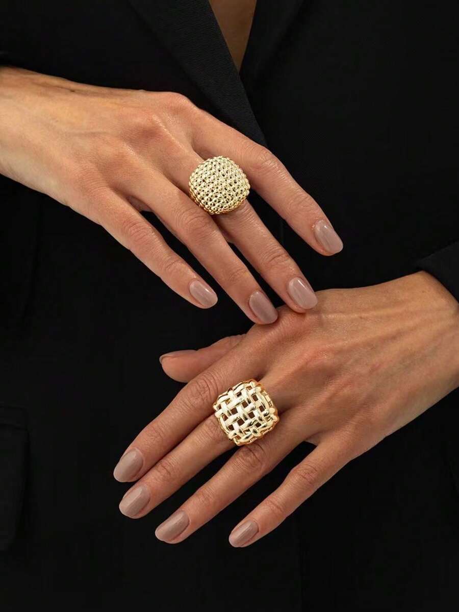 厚实金色编织球形开口戒指，女士镀金戒指，防褪色可叠戴拇指戒指，个性女戒套装 - 金色 - 查看 1