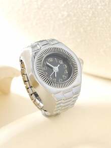 1件小众朋克风时尚创意手表戒指，弹性材质，适合手指佩戴，多种颜色可选（金色、白色、粉色、紫色、蓝色、红色、黄色） - 銀色 - 查看 7